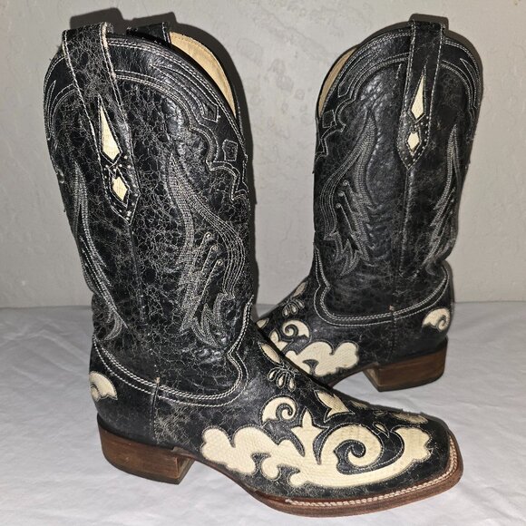 Corral Distressed Black Leather-Python Inlay Square Toe Cowgirl Boots Size 10 M - Picture 1 of 12